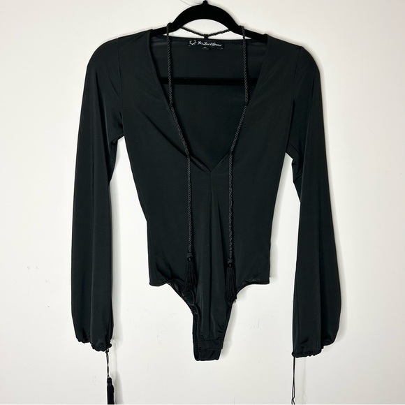For Love and Lemons Kate Bodysuit Black Tassels Bell Sleeves Plunging V-neck S - Picture 4 of 16